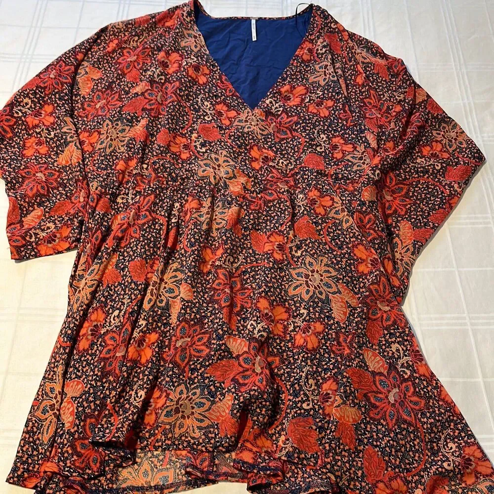Free People Women's Peach Combo Floral V-Neck Long Sleeve Teegan Mini Dress Sz M - Picture 3 of 6